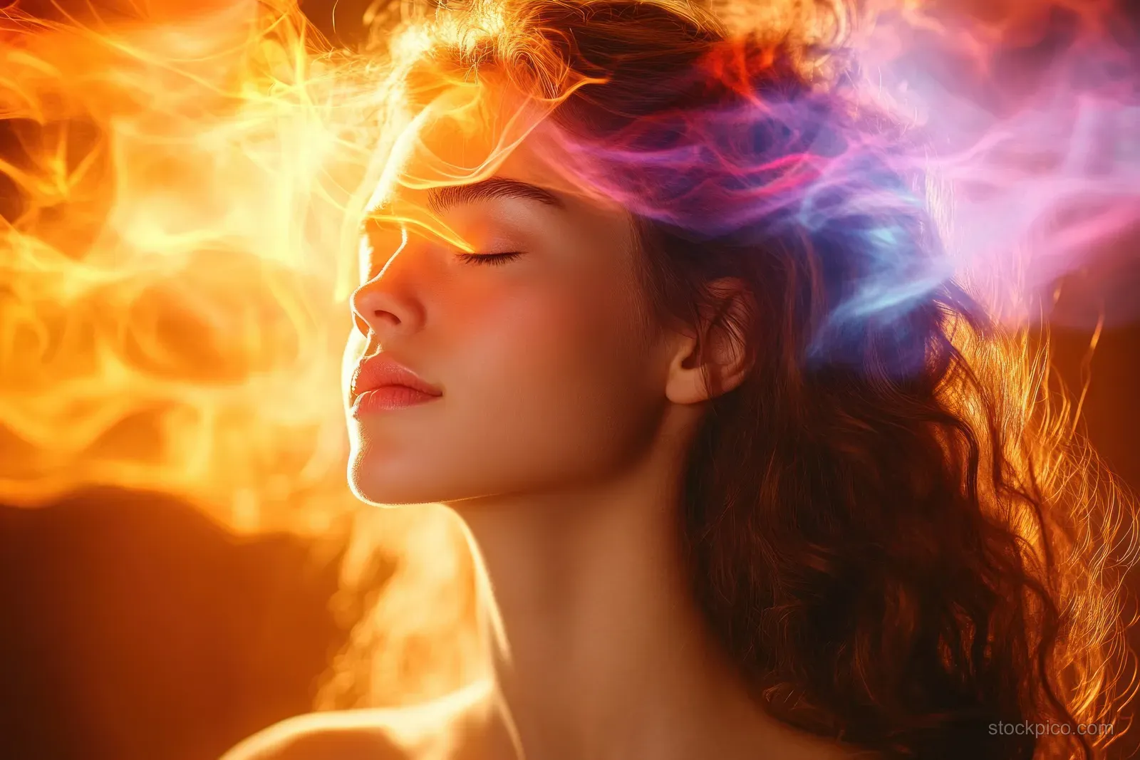 Side profile of a young woman with closed eyes surrounded by swirling orange, pink, and purple smoke.