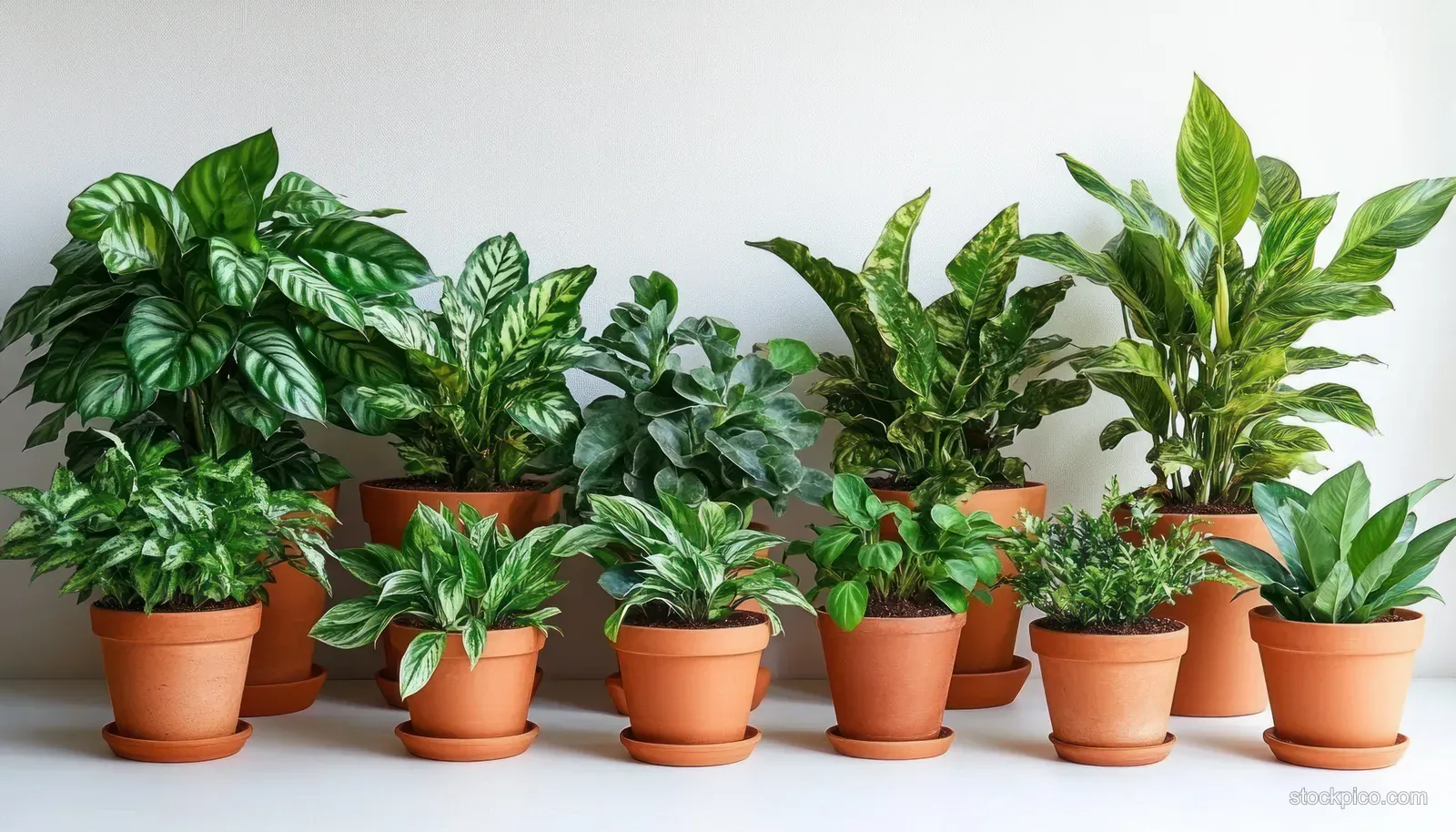 Eleven green houseplants in terracotta pots are lined up against a plain white background.