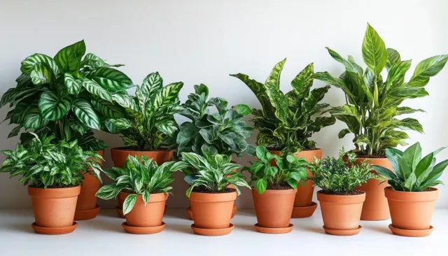 Eleven green houseplants in terracotta pots displayed against a clean white studio backdrop