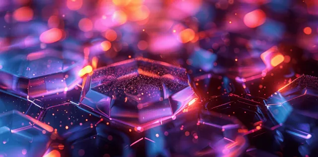 Glowing glass hexagon shapes with blue and violet refractions float on a dark black background with spark-like particles.