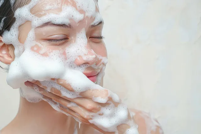 A person cleanses their face with thick white foam, eyes closed and smiling while hands gently rub the skin.