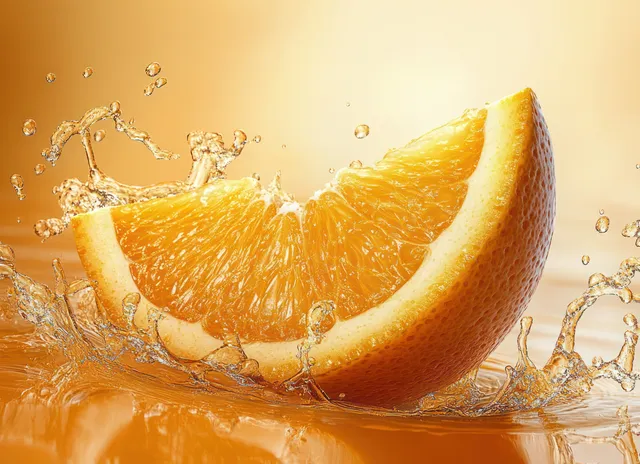 An orange slice splashes into golden juice with droplets arcing upward against a bright yellow background.