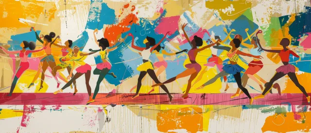Rhythmic gymnasts in formation twirl ribbons on a stage with splashed colorful backdrop.