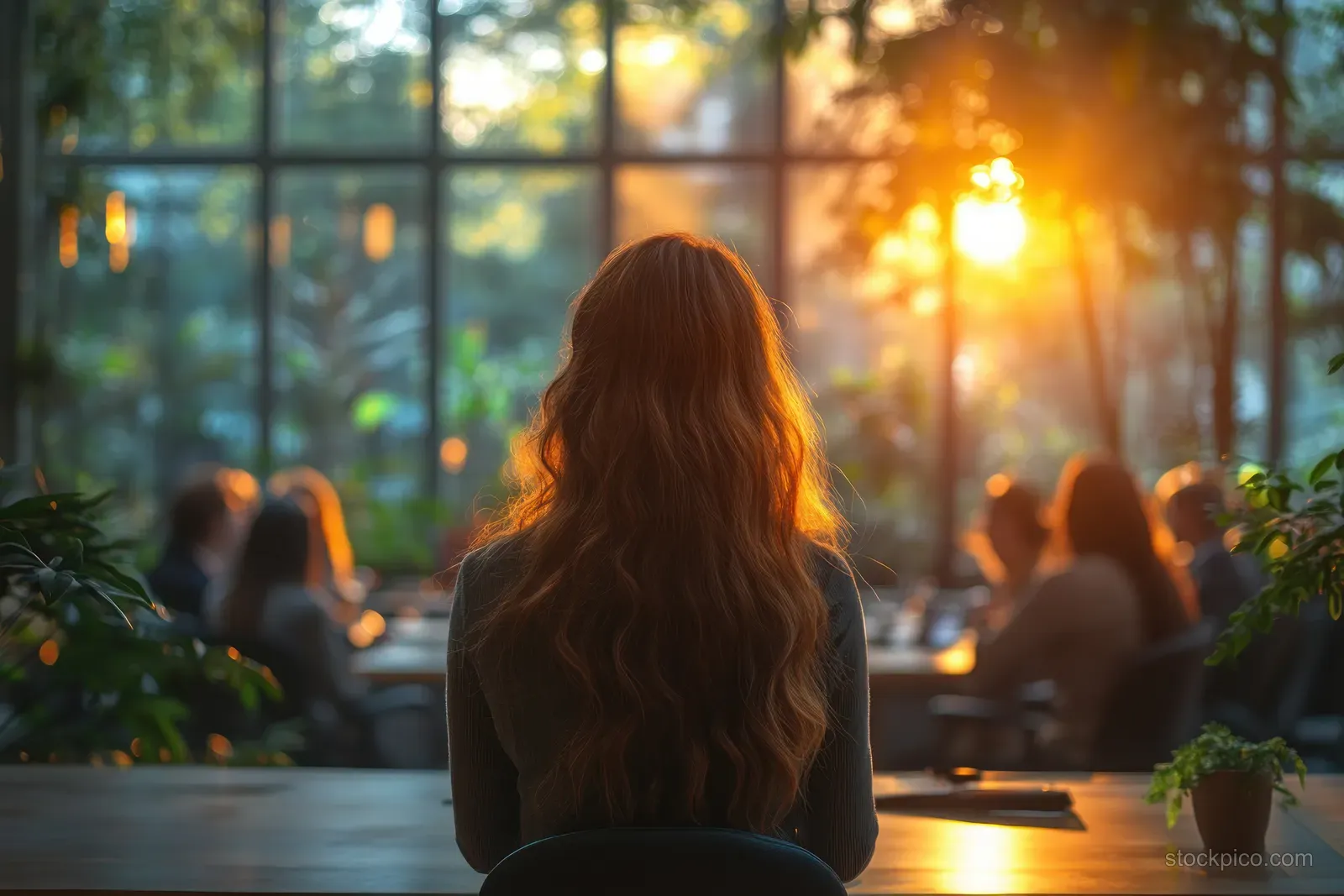 An African businesswoman gestures during a meeting in a sunlit modern office with colleagues seated around a table.