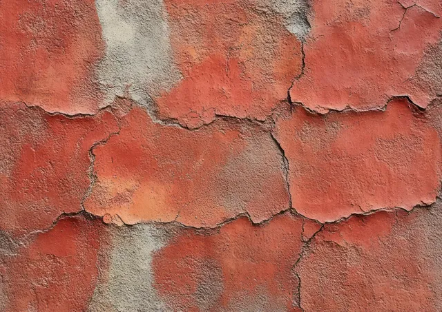 Cracked red and gray paint peels from a rough, weathered wall with visible surface deterioration.
