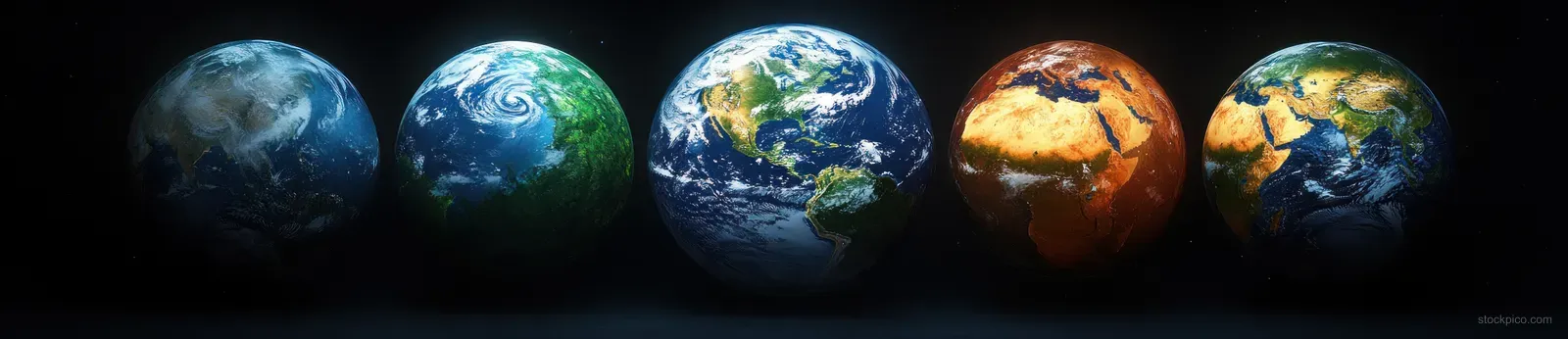Several Earth globes lined up in dark space, showing bright oceans, continents, and cloud swirls.