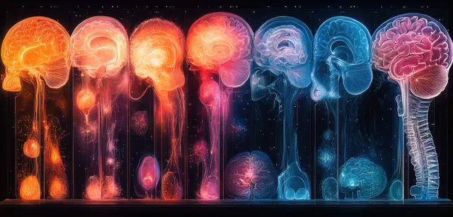 Split-color glowing brain MRI silhouettes appear above luminous scan columns on a dark background.