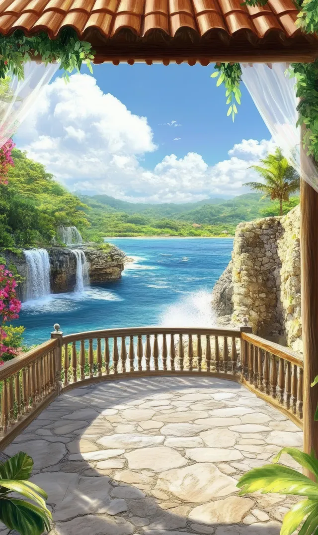Mediterranean villa terrace overlooking the ocean with bougainvillea, stone path, and blue sky