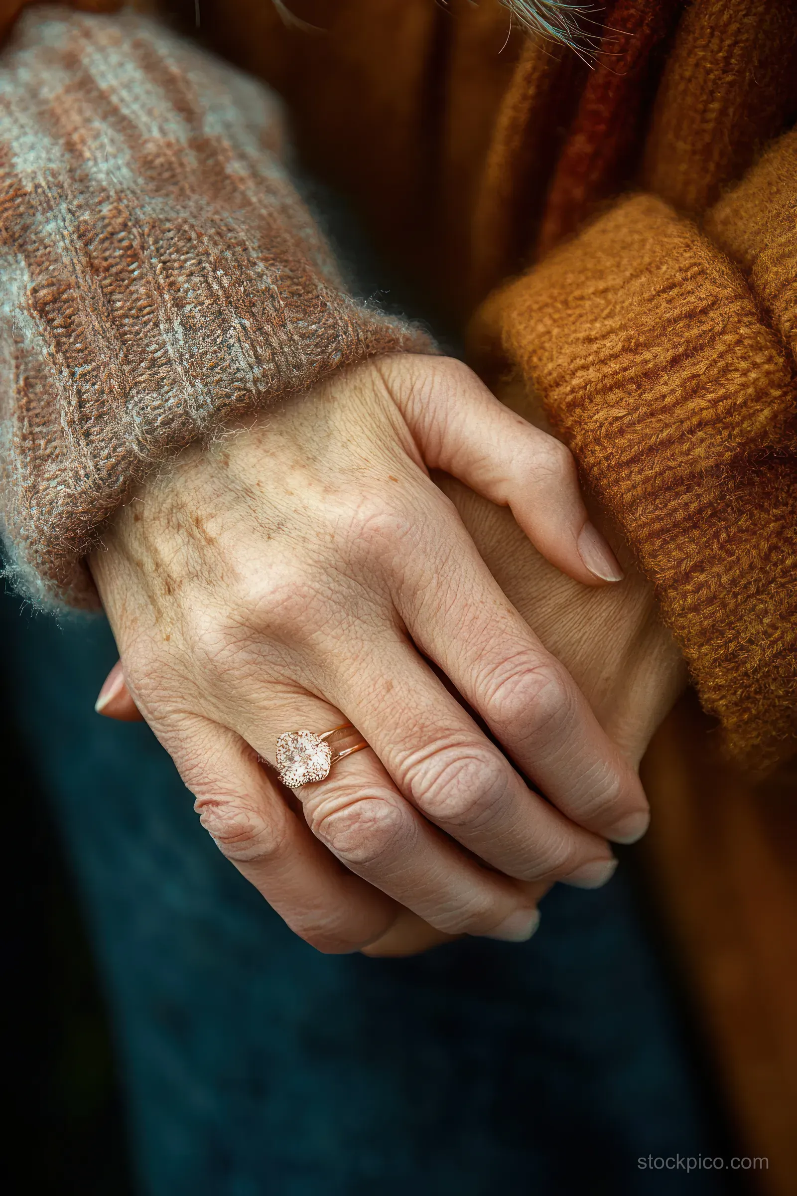 A wrinkled elderly hand holds a younger hand closely in soft natural light.