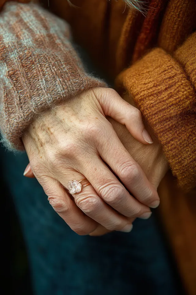 A wrinkled elderly hand holds a younger hand closely in soft natural light.