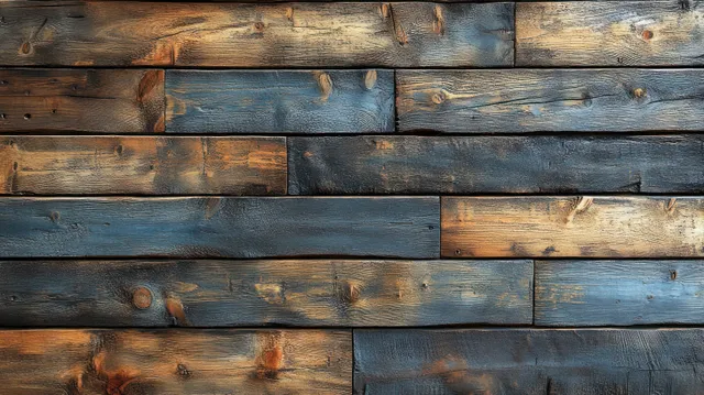 Weathered whitewashed wooden planks in blue and tan with visible grain and chipped paint.