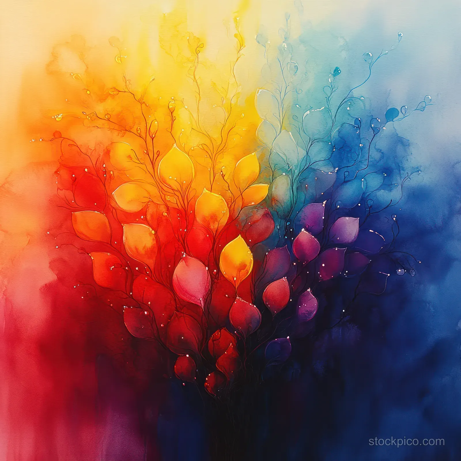 Abstract watercolor tree silhouettes fade into orange-red and blue-purple splatter and misty color blooms.