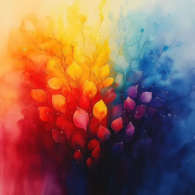 Abstract watercolor tree silhouettes blending orange, red, and blue with soft splatter