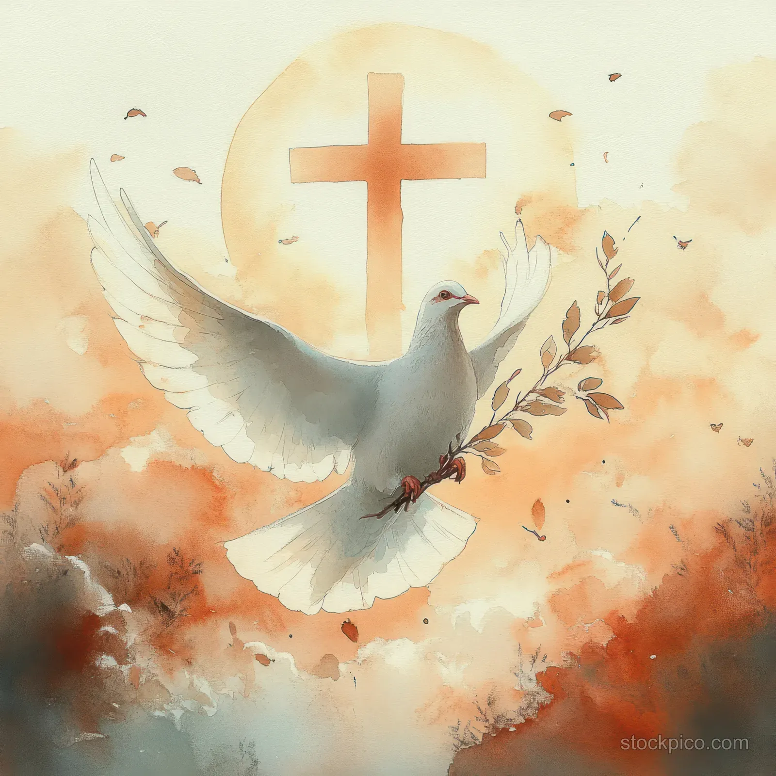 Watercolor dove with an olive branch flies near a glowing cross over warm cloudlike washes.