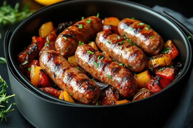 Grilled sausages on roasted bell peppers and onions in a black dish garnished with fresh herbs.