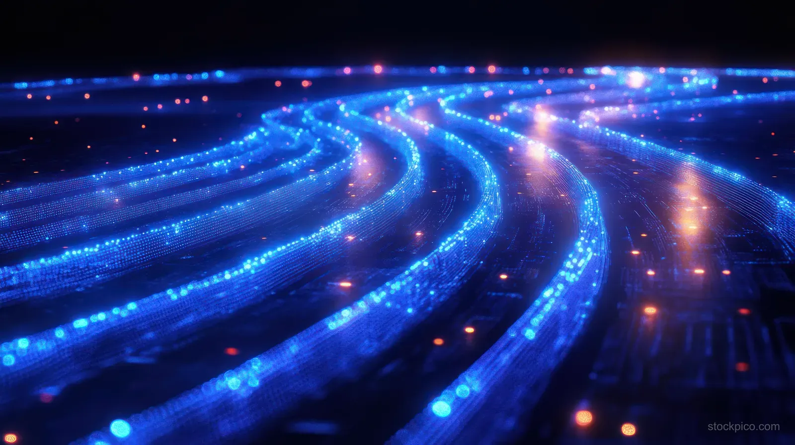 Curving cyberpunk highway viewed from above with glowing blue data stream and orange traffic dots.