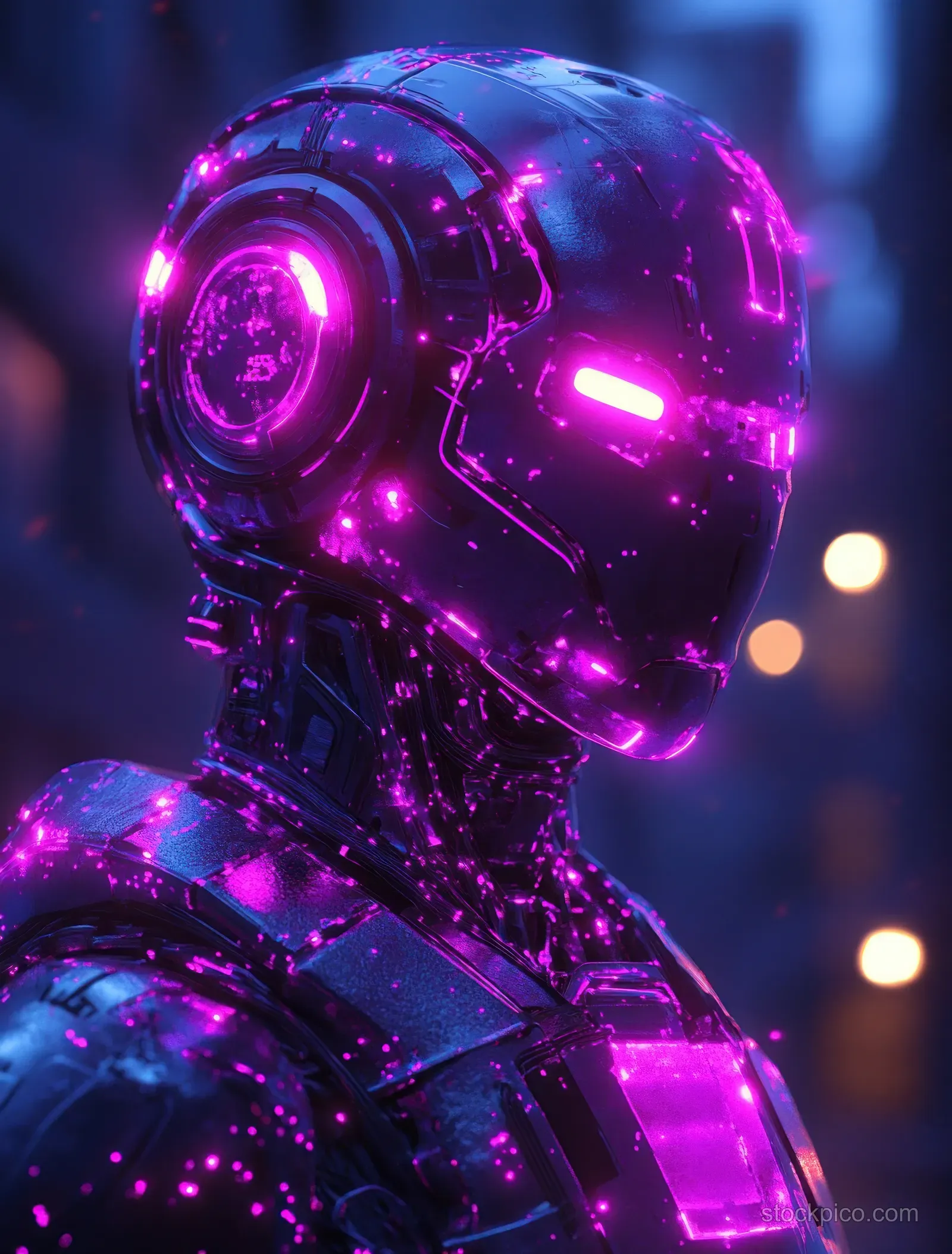 A neon purple cybernetic head with glowing circuit details and soft bokeh lights in the background.