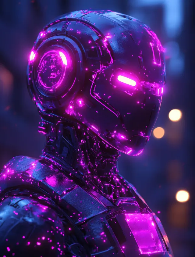 A neon purple cybernetic head with glowing circuit details and soft bokeh lights in the background.