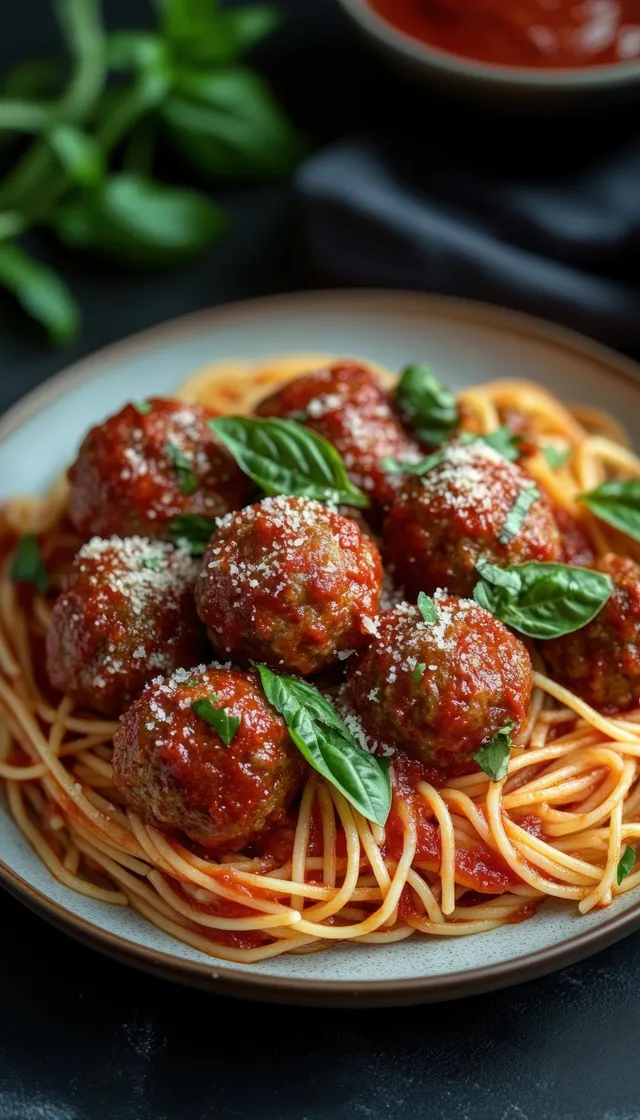 Plate of spaghetti with tomato sauce and meatballs topped with grated cheese and basil, with a bowl of extra sauce behind it.