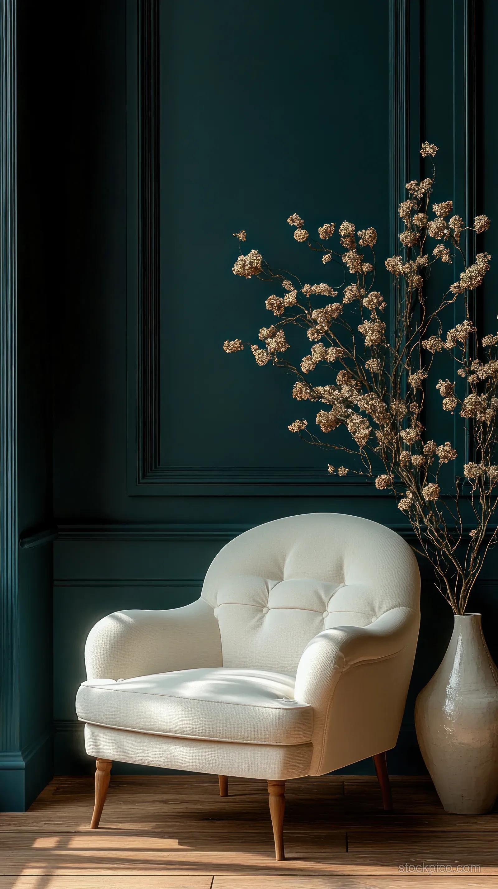 White armchair beside a tall vase of dried flowers against a deep green paneled wall in soft indoor light.