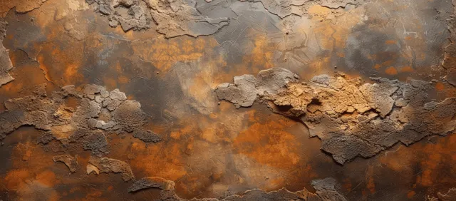 Weathered brown and orange stucco wall with cracked textured layers