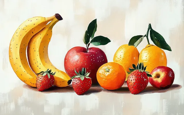 Bananas, apples, strawberries, oranges, and lemons arranged still life with soft neutral background