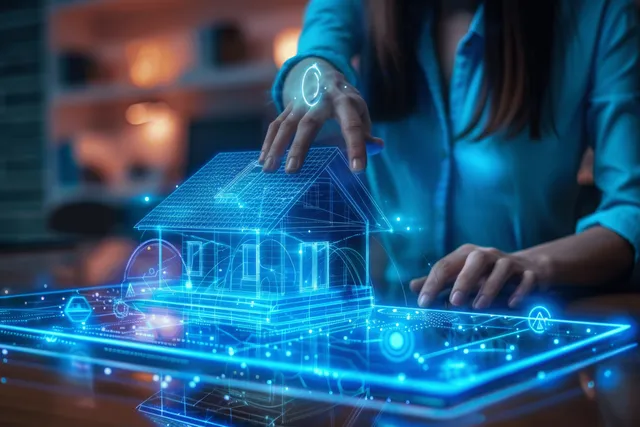 An agent’s hands hover over a glowing holographic house model in a real estate office.