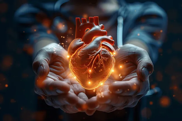 Cupped hands cradle a glowing holographic heart with vein lines and sparks in a dark background.