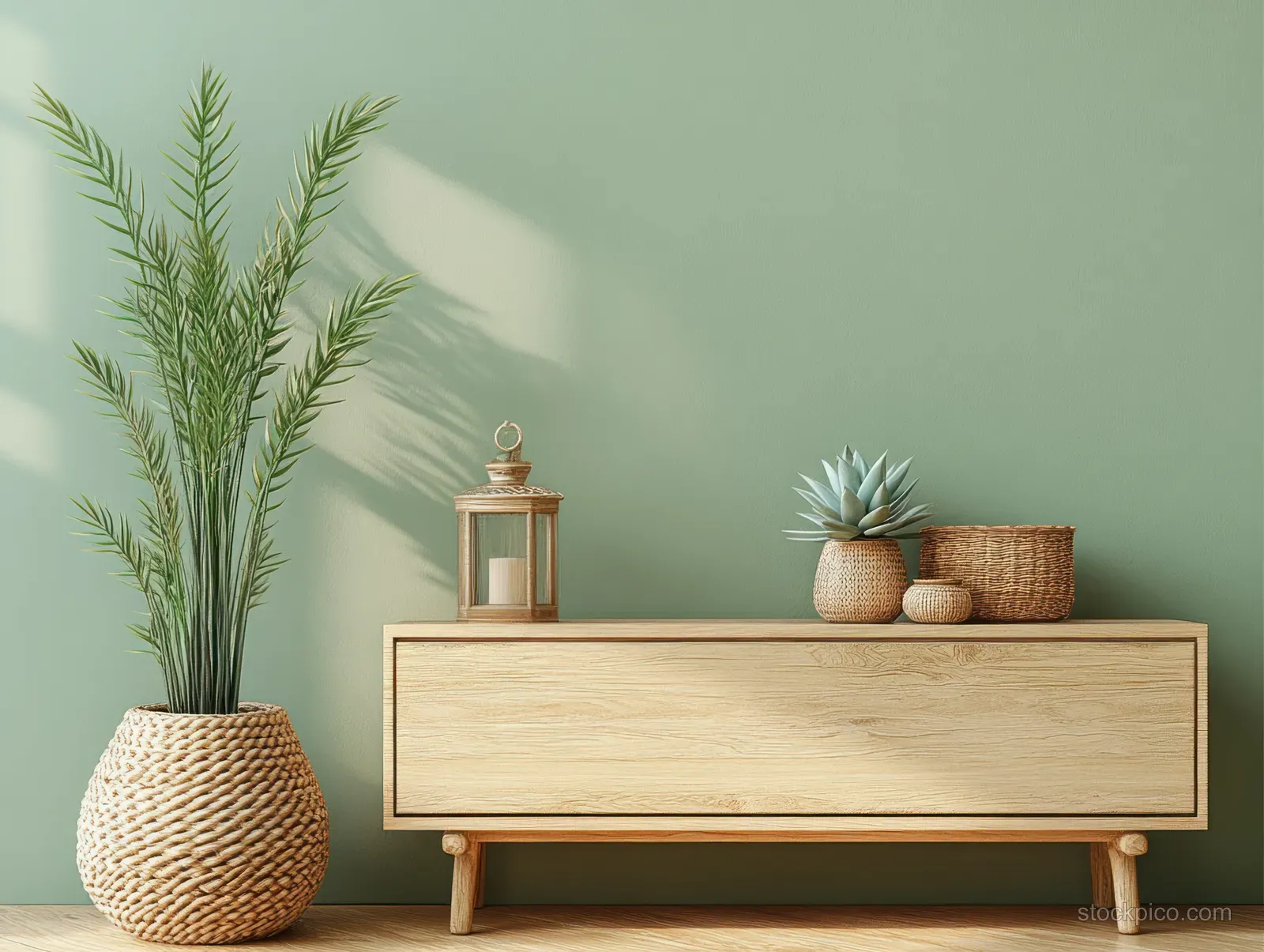Minimalist wooden sideboard with succulent plants, woven basket, and lantern on a muted green wall.