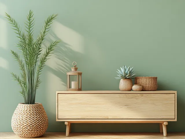 Minimalist wooden sideboard with succulent plants, woven basket, and lantern on a muted green wall.