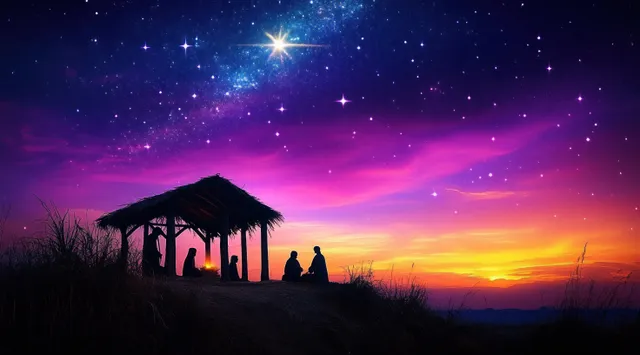 Nativity scene at twilight with holy family silhouettes and a bright comet overhead
