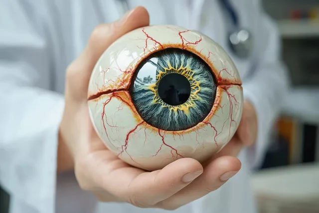A doctor holds a realistic eyeball model close-up, highlighting the blue iris and visible red blood vessels.