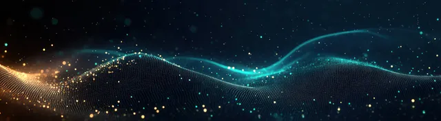 Glowing neon particles form a smooth curved wave across a dark background with sparkling light dots.