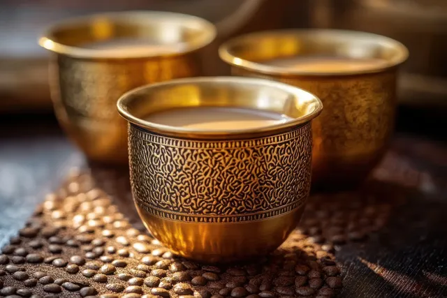 Close-up of patterned brass cups holding South Indian filter coffee with frothy crema and coffee beans nearby.
