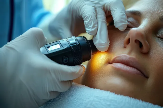 A dermatologist uses a dermatoscope to examine a female patient’s facial skin during a clinic visit.