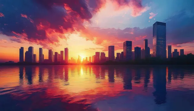 Sunset skyline over calm river with glowing reflections and tall modern towers