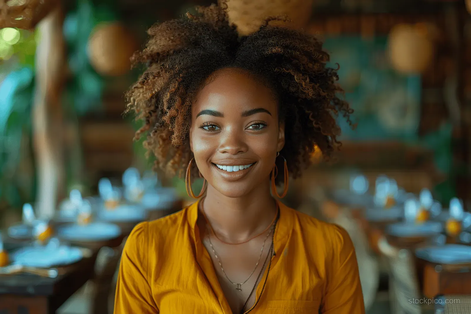 A smiling businesswoman gestures during a corporate meeting in a softly blurred office with warm natural light.