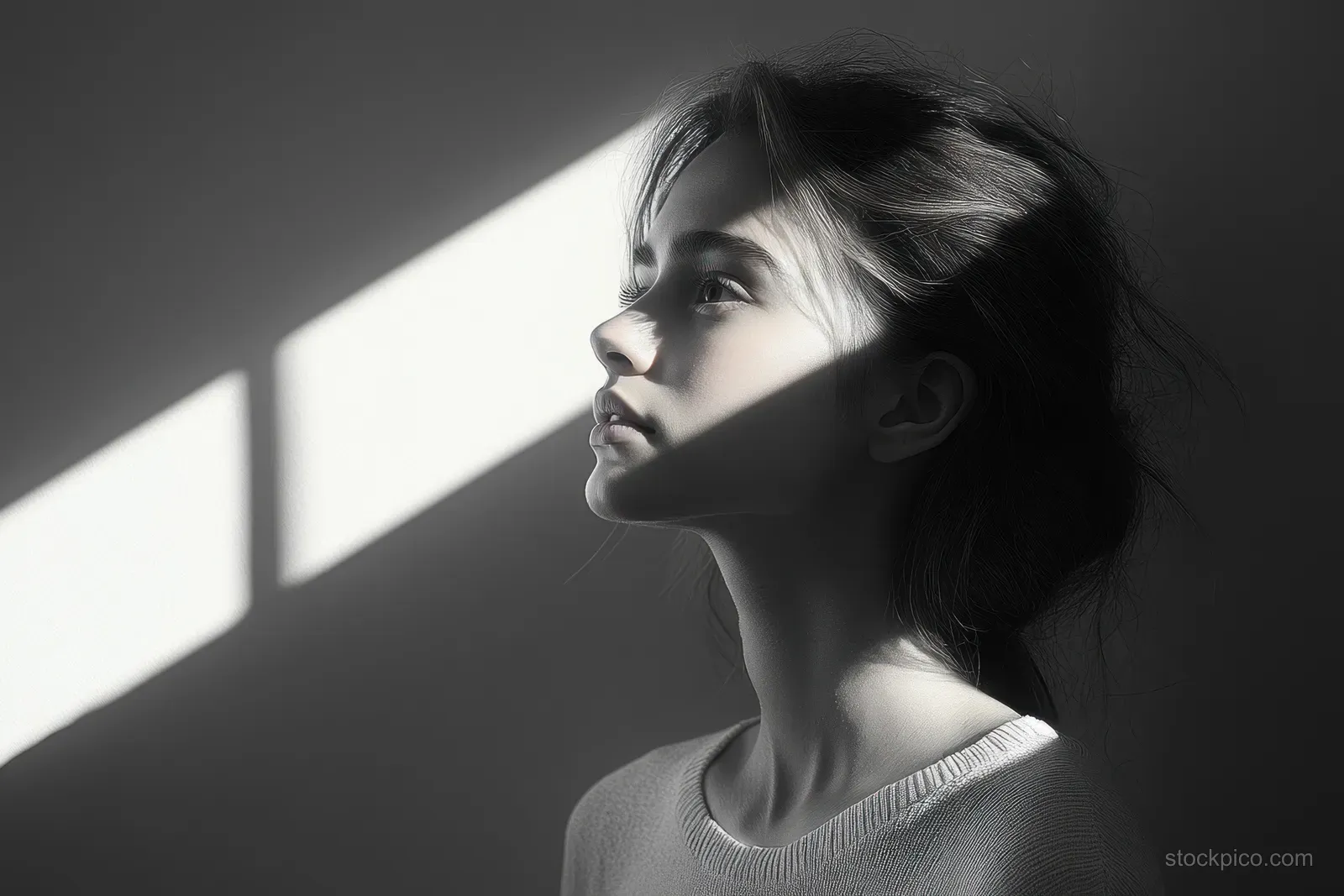 Young man in side profile stands against a light grey wall with soft natural light and shadows.
