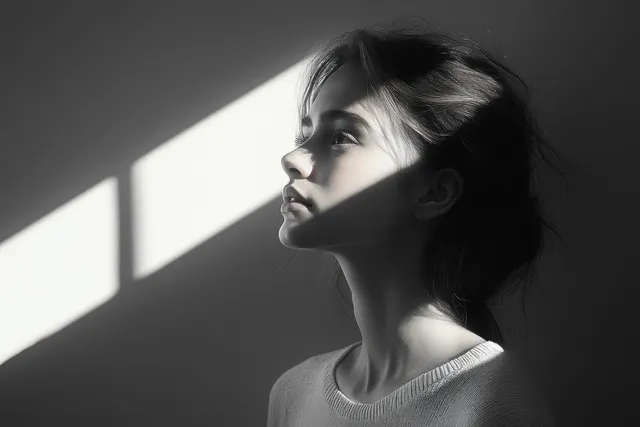 Young man in side profile stands against a light grey wall with soft natural light and shadows.