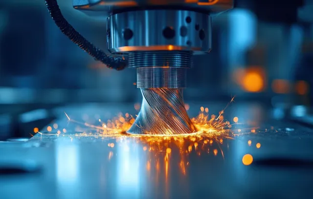 A laser prints a metal turbine component while orange sparks scatter on a blue industrial platform.