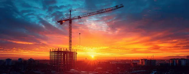 Sunset construction site with steel frame and concrete walls, tower crane silhouetted