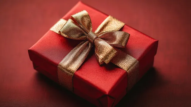 A red gift box tied with shiny gold ribbon and bow on a deep red background.