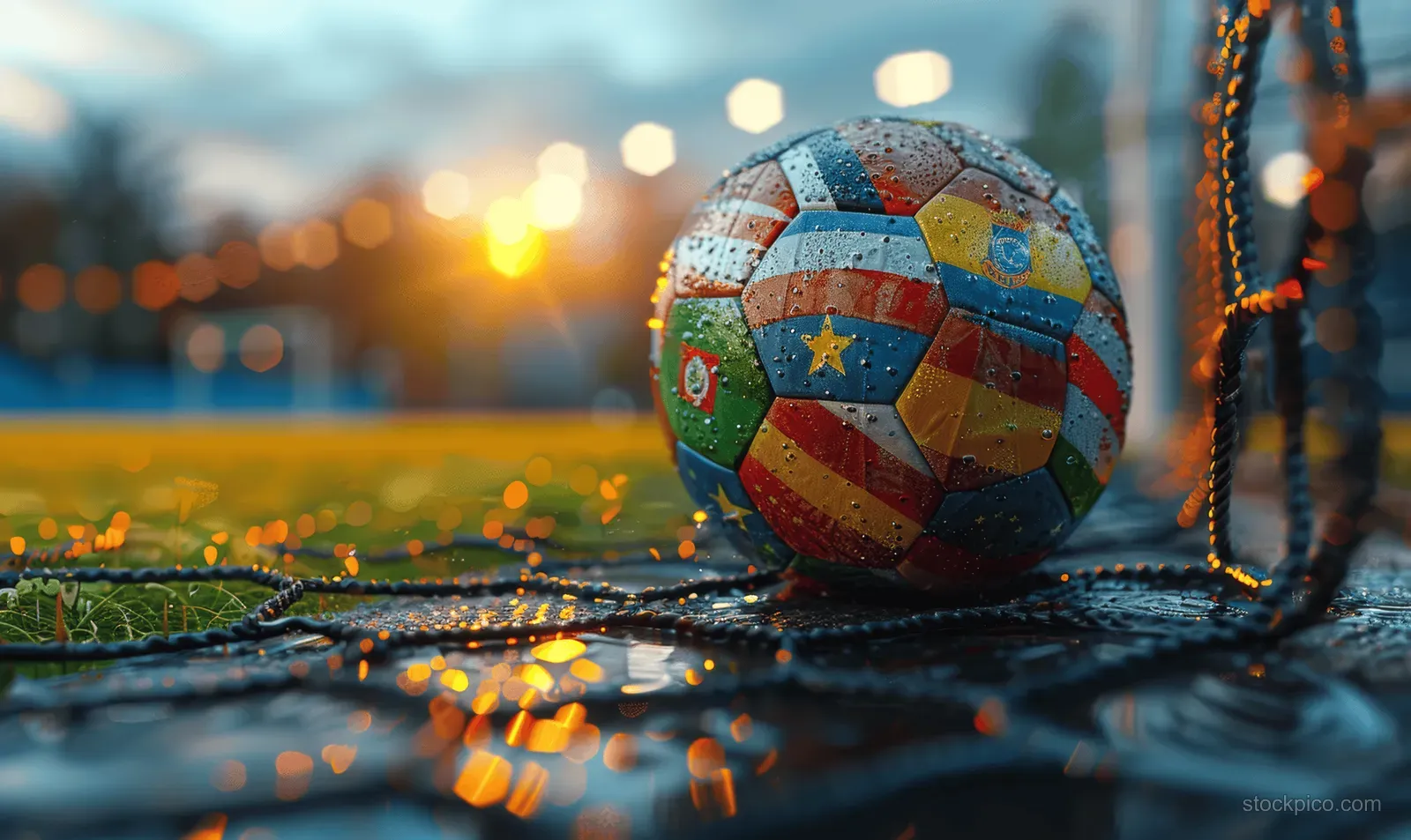 Euro 2024 soccer ball in European flag colors bursting through the goal net with blurred stadium lights behind it.