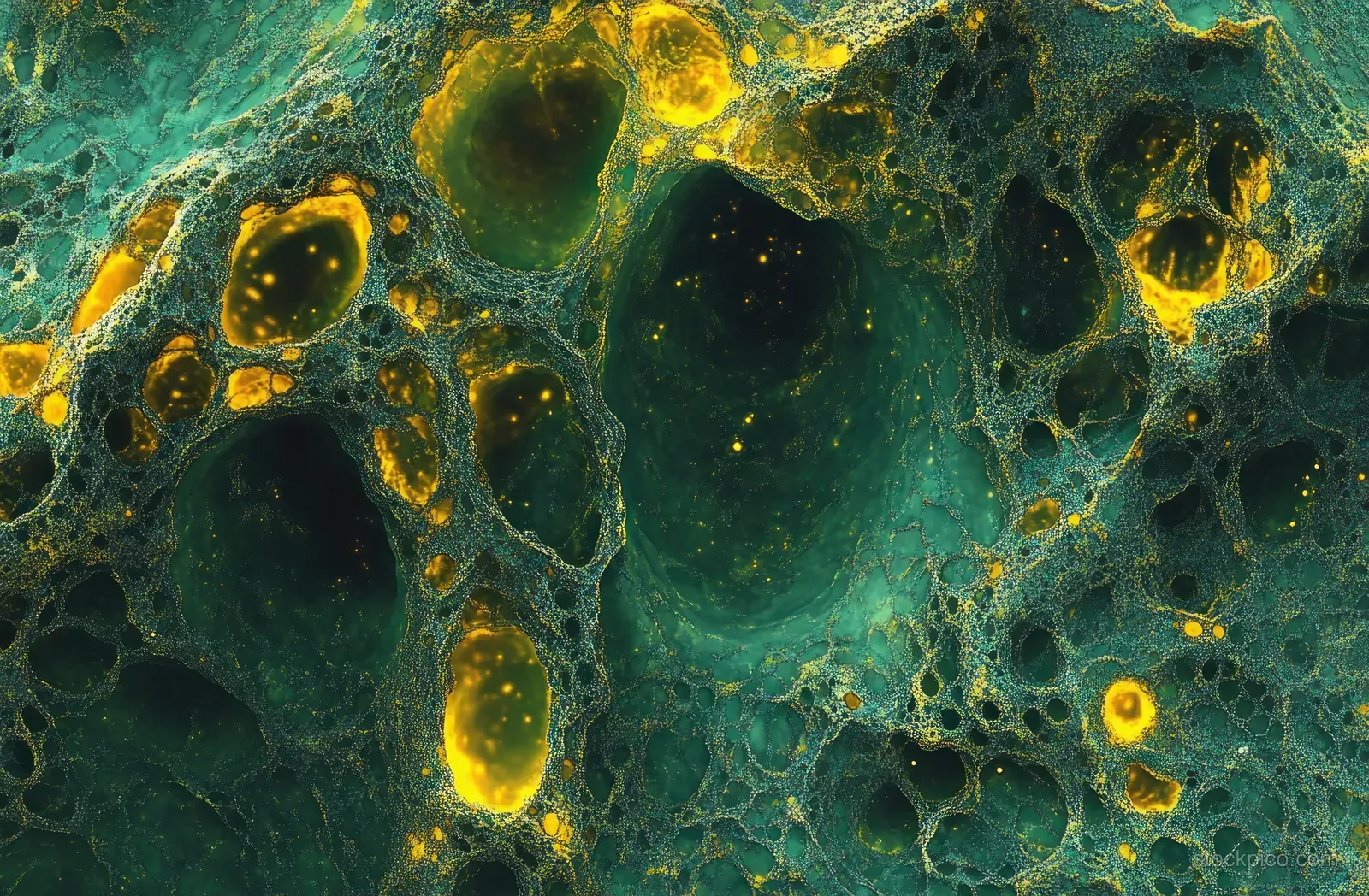 Microscopic porous surface with glowing yellow-green cavities and interconnected channels in an organic texture.