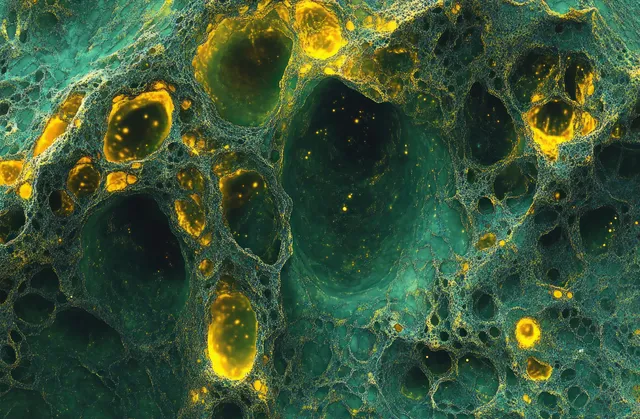 Microscopic porous surface with glowing yellow-green cavities and interconnected channels in an organic texture.