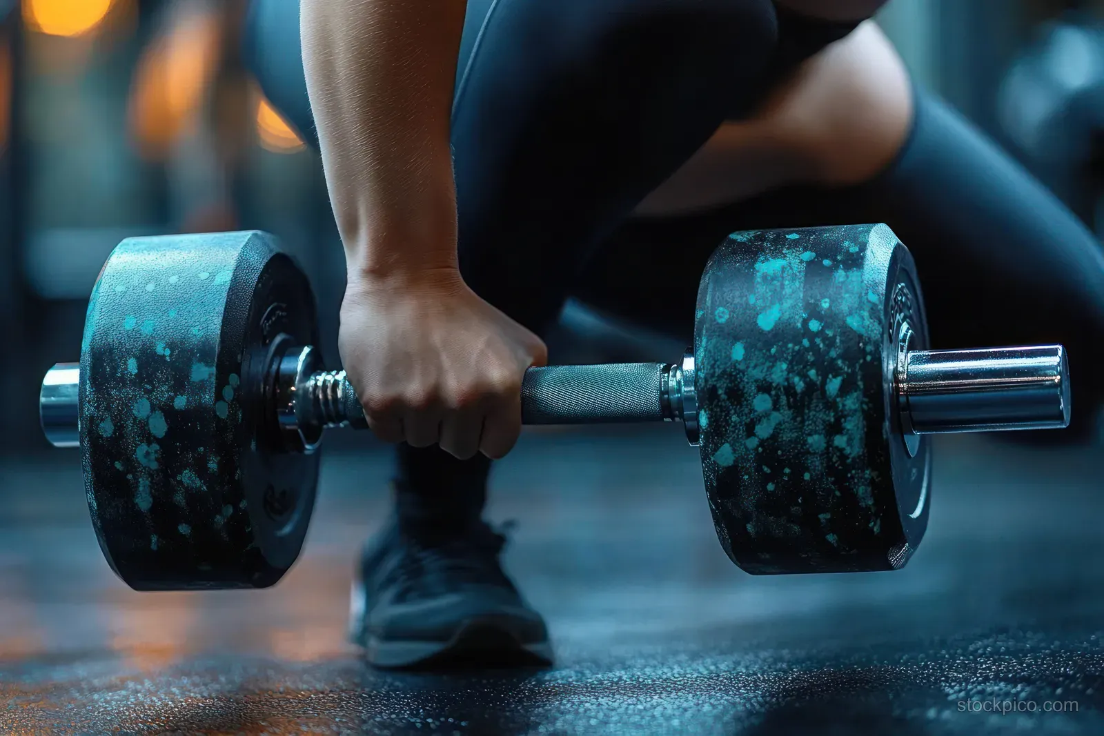 Woman gripping a dumbbell handle during a row exercise with speckled weights on a gym floor.