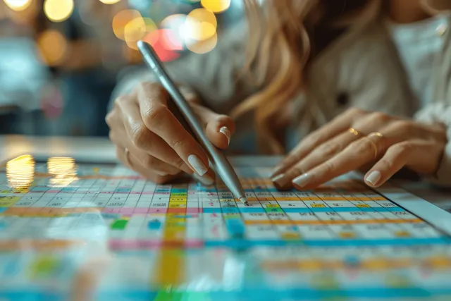 A businesswoman’s hands write on a calendar with a digital tablet in a bright office desk scene.