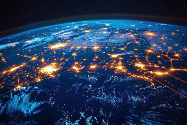 Satellite view shows Earth at night with glowing connection lines linking bright city lights across continents.
