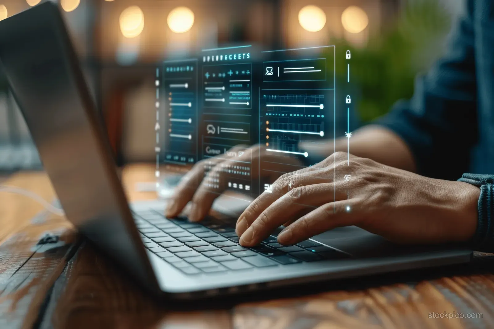 Close-up of hands typing on a laptop with a digital checklist and form interface for an online survey.