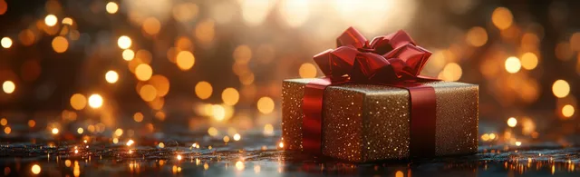 A wrapped gift box with a red ribbon bow rests on a glowing bokeh light background for Christmas and 2025.